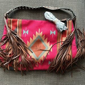 Pink Aztec purse with fringe tassels